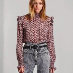 sen Pink & Black Smocked Long Sleeve Snake Print Sheer Blouse - Size XS - EUC